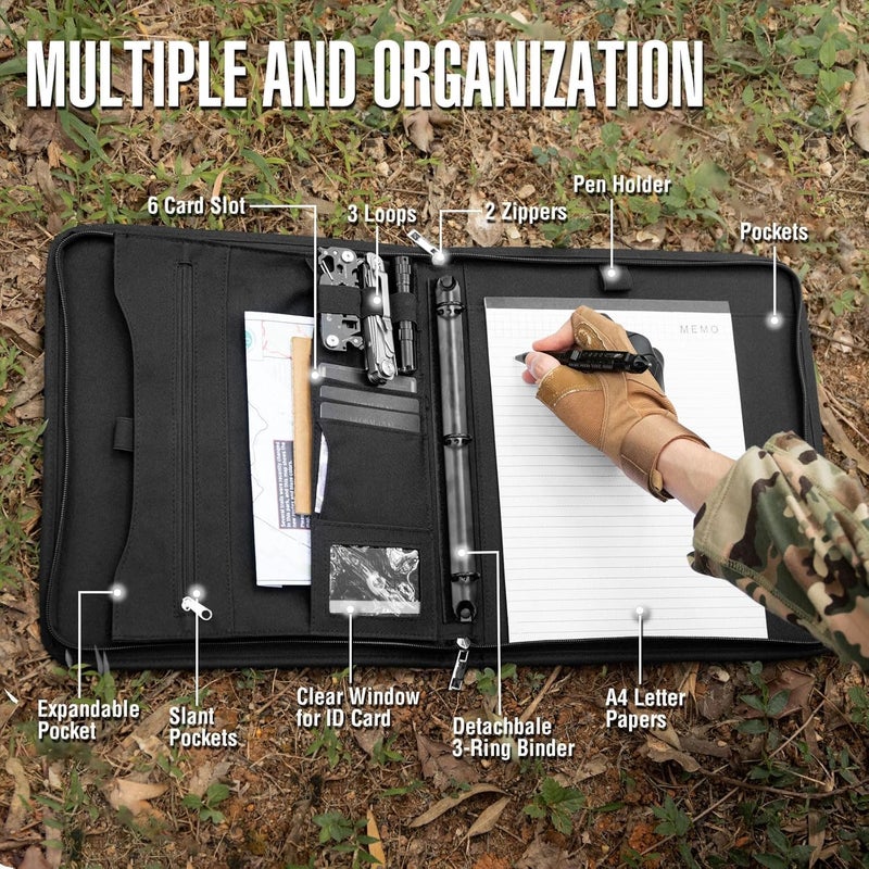 ‎KOSIBATE Tactical Padfolio Portfolio Binder with Zipper and 25 Sheets of Letter Size Paper,Notebook Cover,Tactical Notebook with Zippered for Folders,Detachable 3-Ring Binder(A4,Black,13.5X 11.5Inch - Image 4